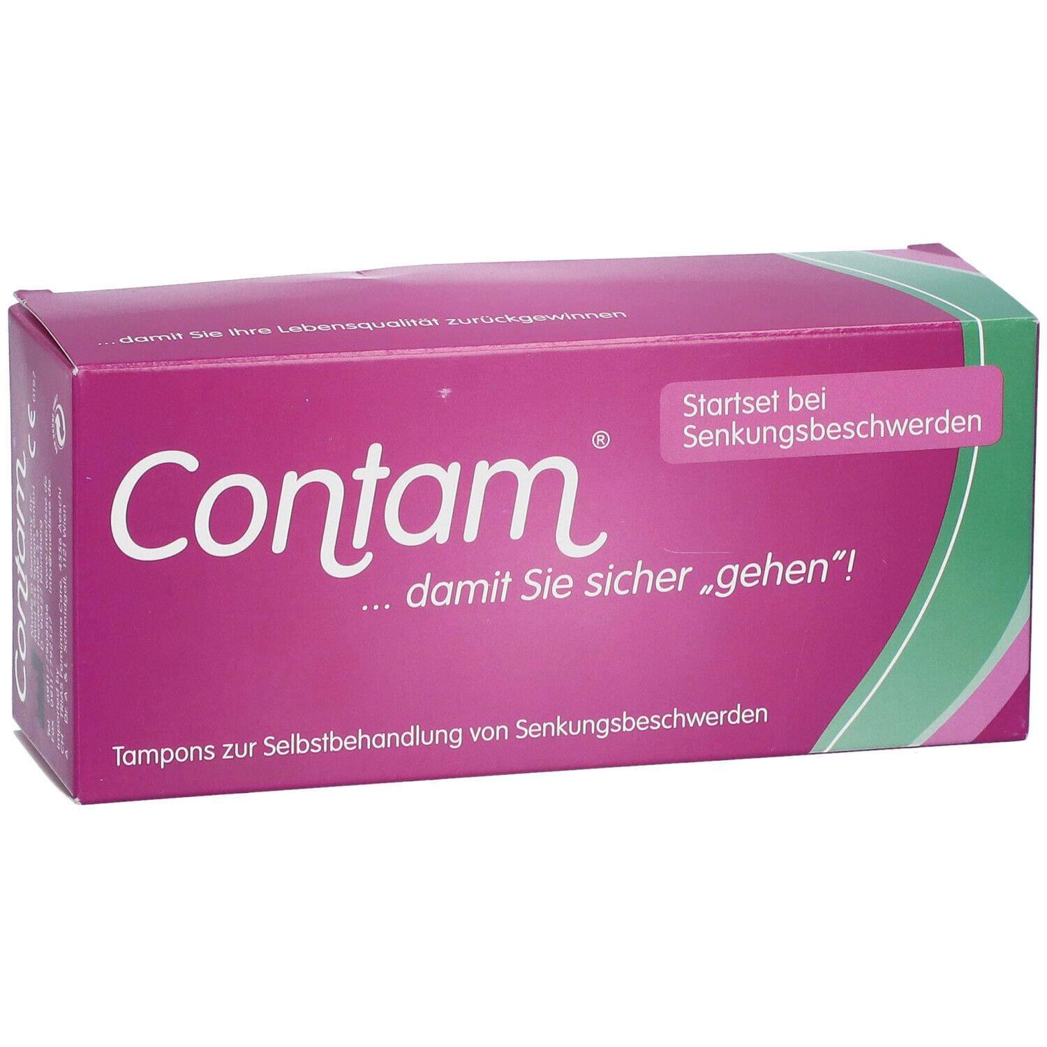 Contam Tampons Verpackung. Pinke Schachtel mit weißer Schrift. Startset bei Senkungsbeschwerden.