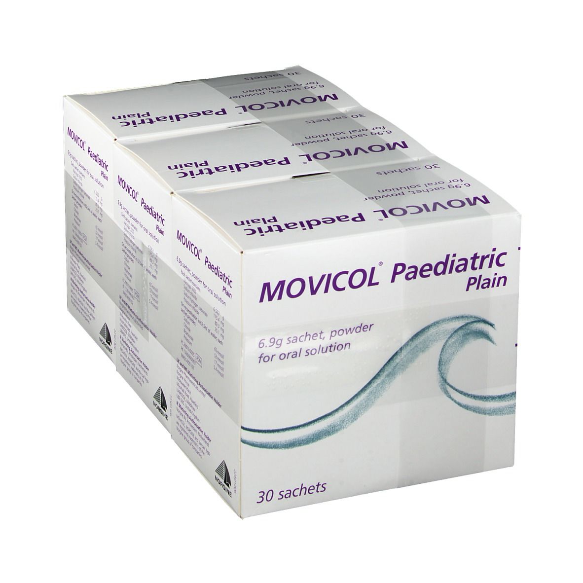 Mehrere Kartons MOVICAL Paediatric Plain. Aufschrift: 6,9g Beutel, Pulver zur Herstellung einer Lösung zum Einnehmen. 30 Beutel.