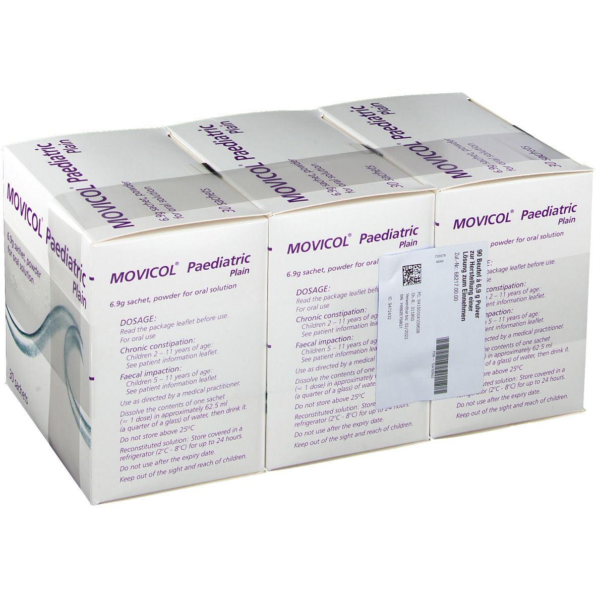 Mehrere Kartons MOVICAL Paediatric Plain. Aufschrift: 6,9g Beutel, Pulver zur Herstellung einer Lösung zum Einnehmen. 30 Beutel. Rückseite mit Informationen.