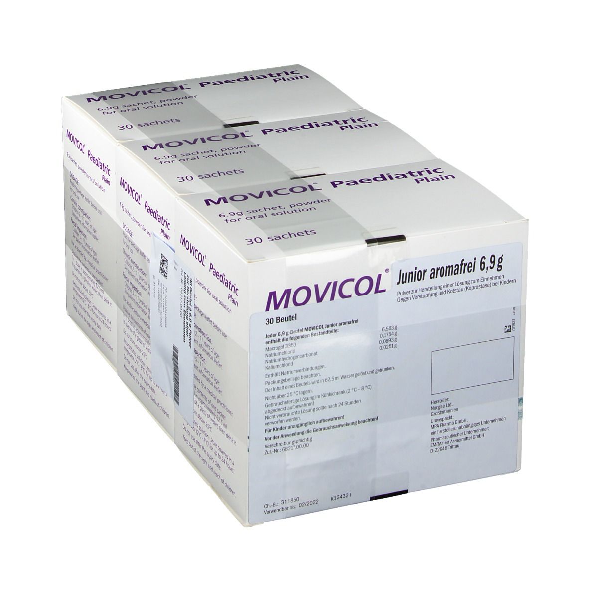 Mehrere Kartons MOVICAL Junior aromafrei 6,9 g. Aufschrift: 30 Beutel. Rückseite mit Informationen.