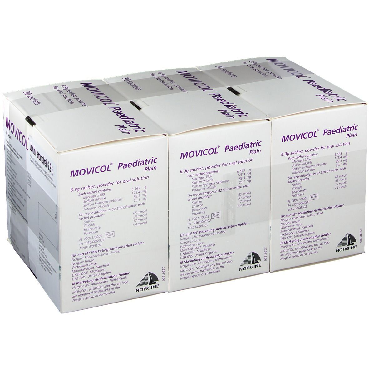 Mehrere Kartons MOVICAL Paediatric Plain. Aufschrift: 6,9g Beutel, Pulver zur Herstellung einer Lösung zum Einnehmen. 30 Beutel. Rückseite mit Informationen.