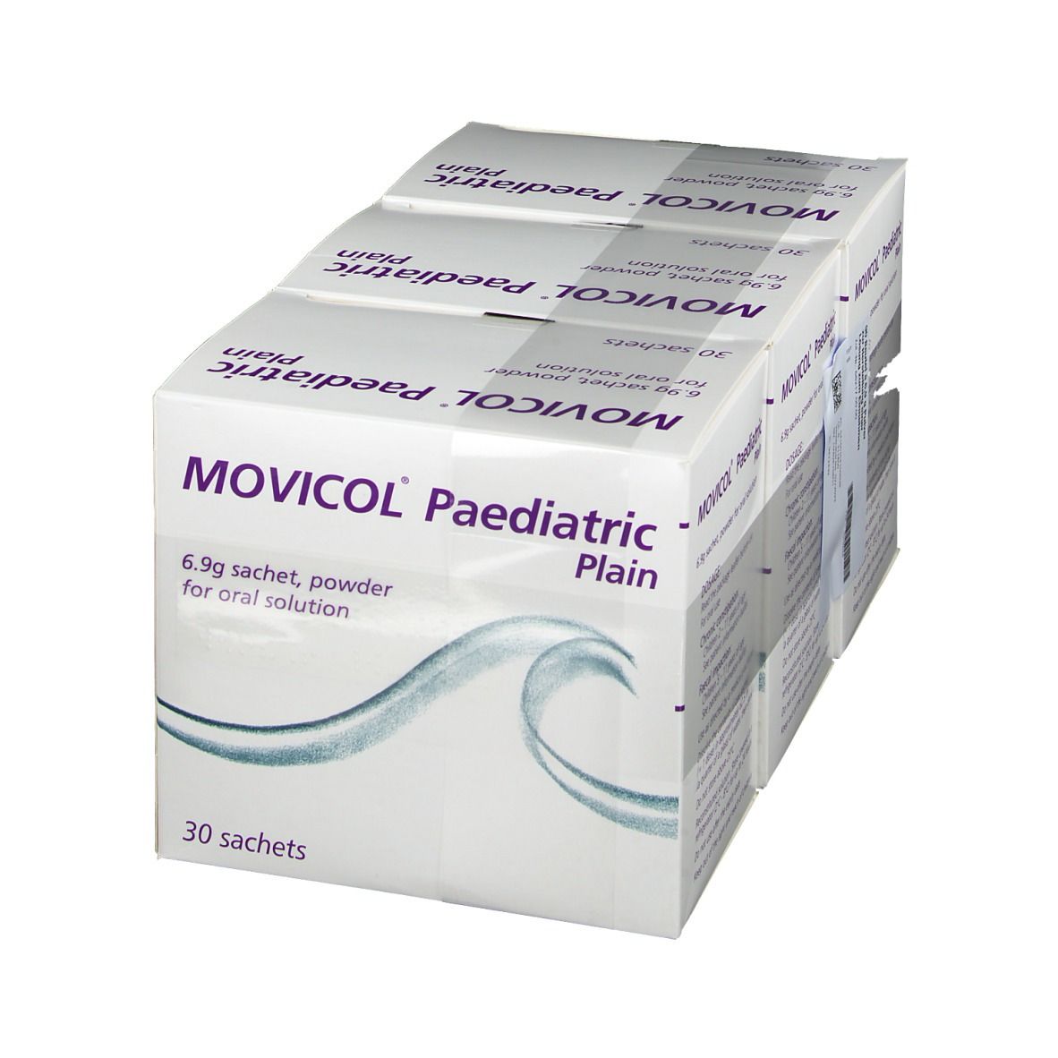 Mehrere Kartons MOVICAL Paediatric Plain. Aufschrift: 6,9g Beutel, Pulver zur Herstellung einer Lösung zum Einnehmen. 30 Beutel.