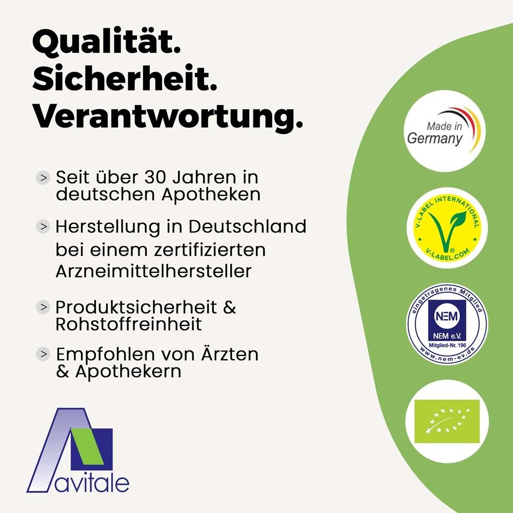 Text und Logos. Text: Qualität. Sicherheit. Verantwortung. Empfohlen von Ärzten & Apothekern. Made in Germany. Zertifizierungen.
