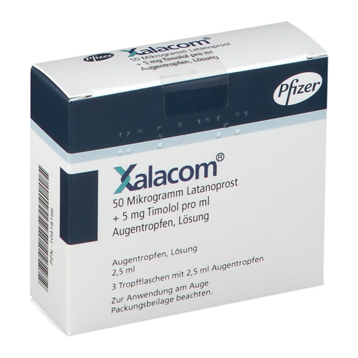 Weiße Faltschachtel mit blauer Markierung. Aufschrift: Xalacom, 50 Mikrogramm Latanoprost + 5 mg Timolol pro ml Augentropfen. Pfizer Logo.