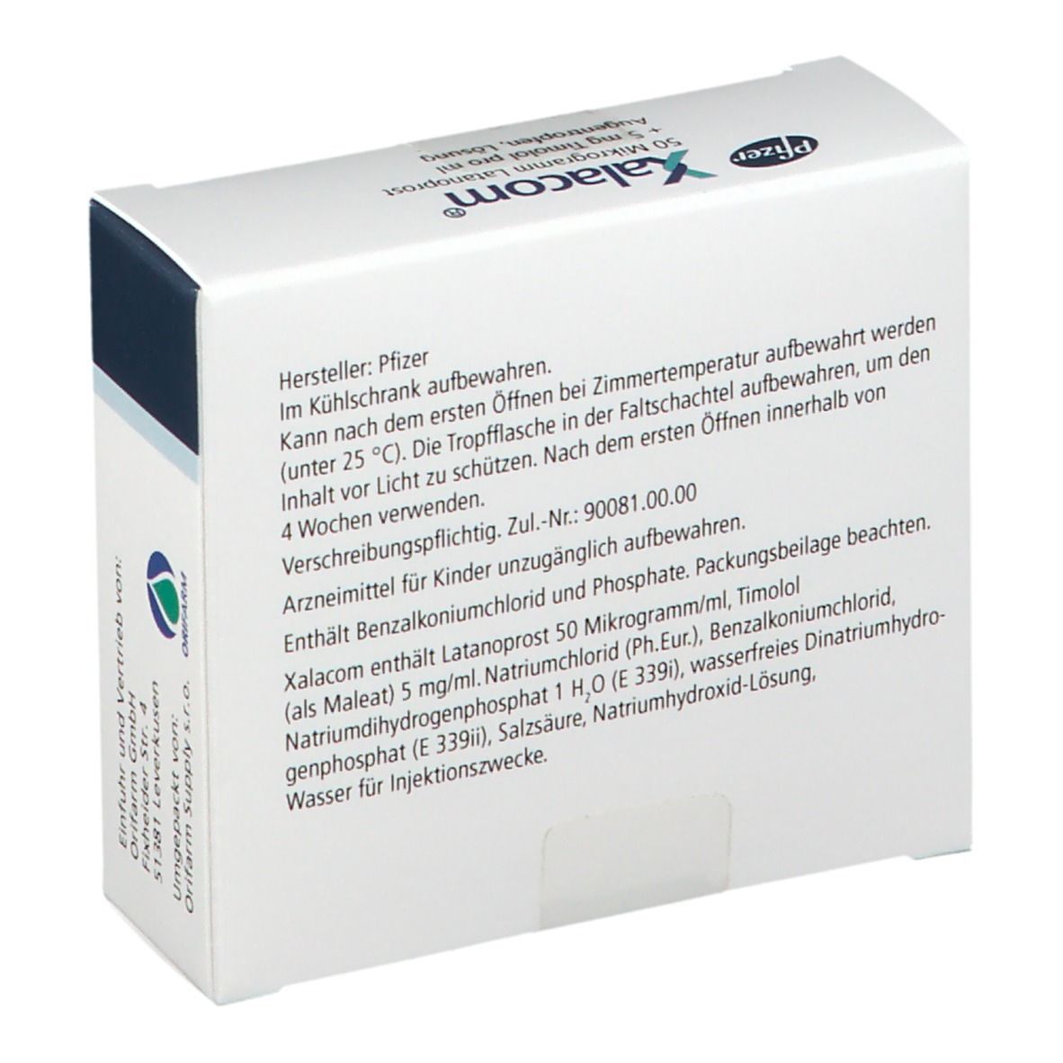 Rückseite der weißen Faltschachtel. Aufschrift: Hersteller Pfizer. Inhaltsstoffe und Gebrauchsanweisung. Grün-weißes Logo von Orifarm Supply S.r.o.