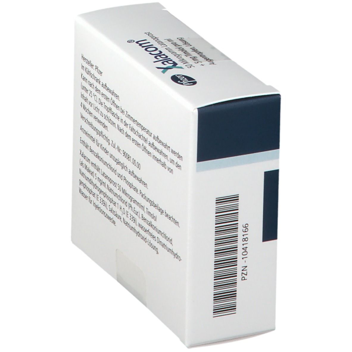 Schräg gestellte weiße Faltschachtel mit Barcode. Aufschrift: Xalacom, 50 Mikrogramm Latanoprost + 5 mg Timolol pro ml Augentropfen. Pfizer Logo.
