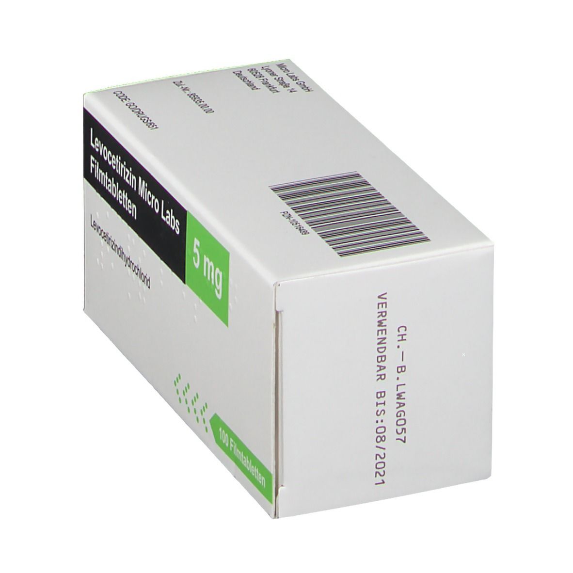 Schachtel mit LEVOCETIRIZIN MICRO LABS 5 mg Filmtabletten. Weiße Verpackung mit grünen Akzenten und Barcode. Haltbarkeit bis 08/2021.