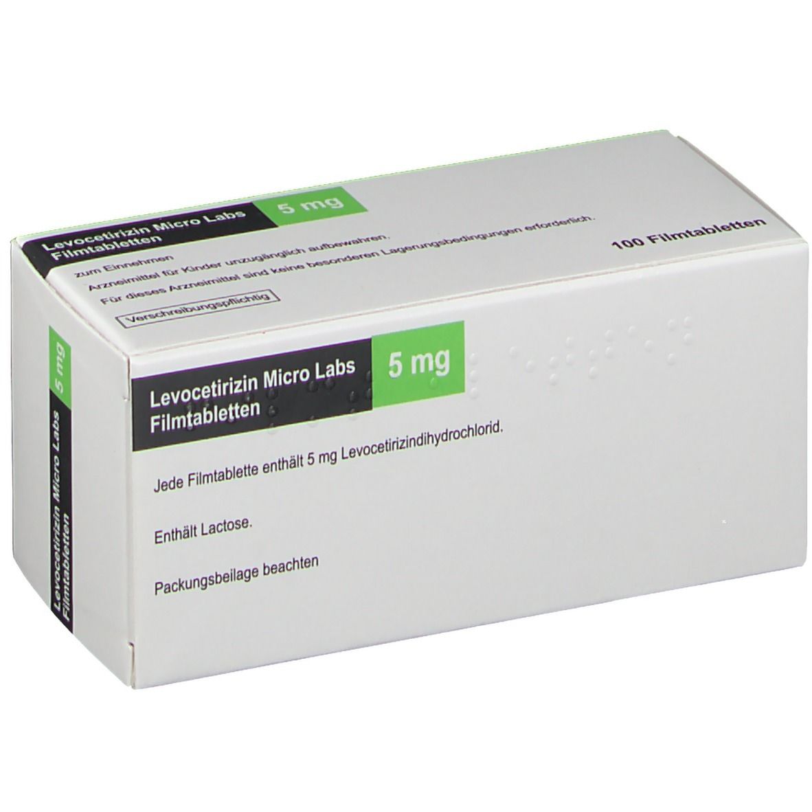 Schachtel LEVOCETIRIZIN MICRO LABS 5 mg Filmtabletten. Weiße Verpackung mit grünen Details. Enthält 100 Tabletten. Text: '5 mg' und 'Filmtabletten'.