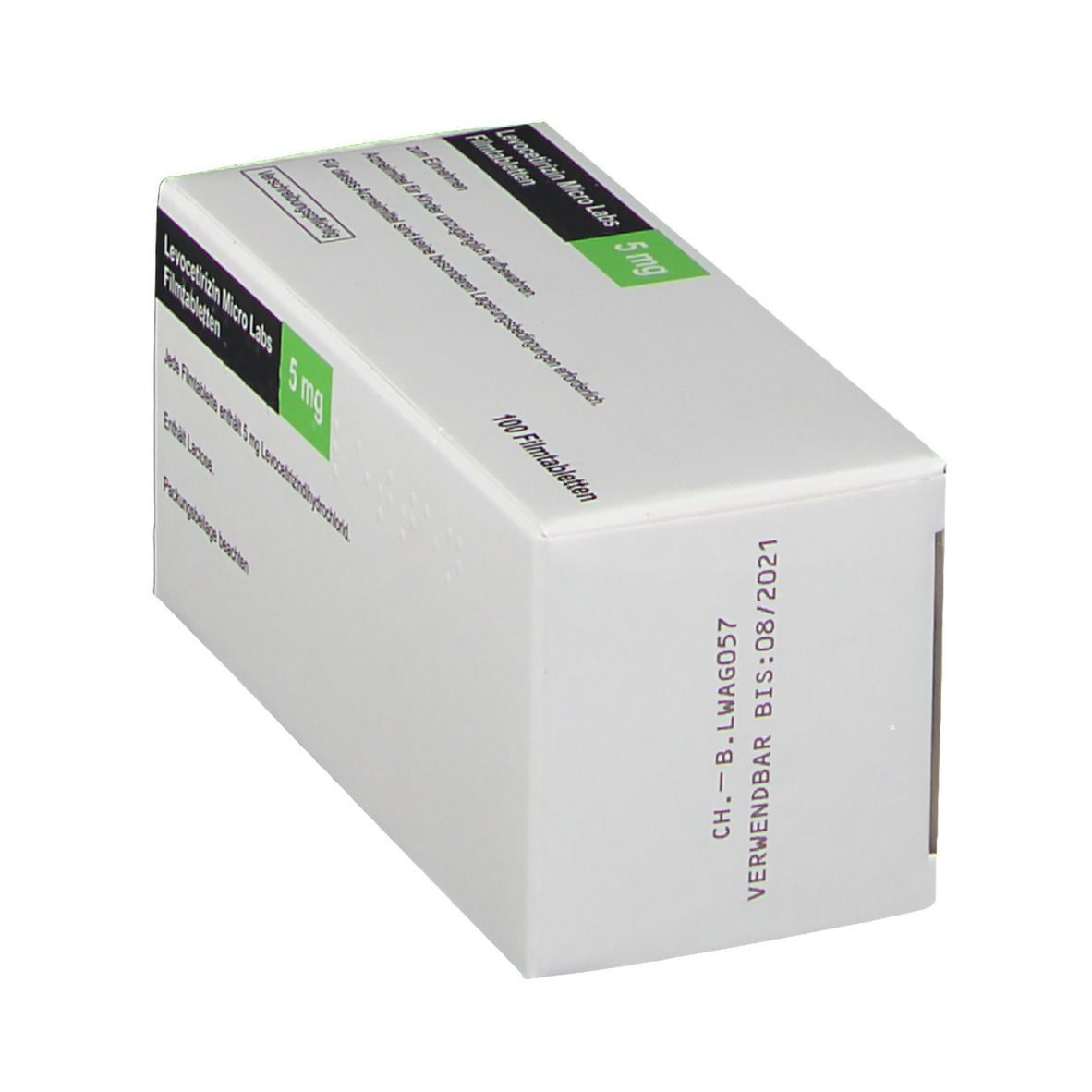 Schachtel mit LEVOCETIRIZIN MICRO LABS 5 mg Filmtabletten. Weiße Verpackung mit grünen Akzenten und Barcode. Haltbarkeit bis 08/2021.