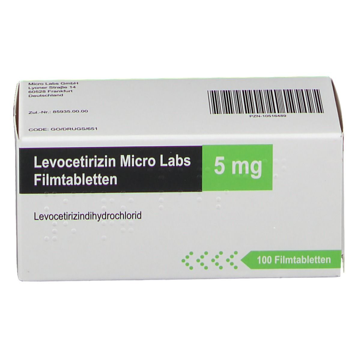 Schachtel LEVOCETIRIZIN MICRO LABS 5 mg Filmtabletten. Weiße Verpackung mit grünen Details. Enthält 100 Tabletten. Text: '5 mg' und 'Filmtabletten'.