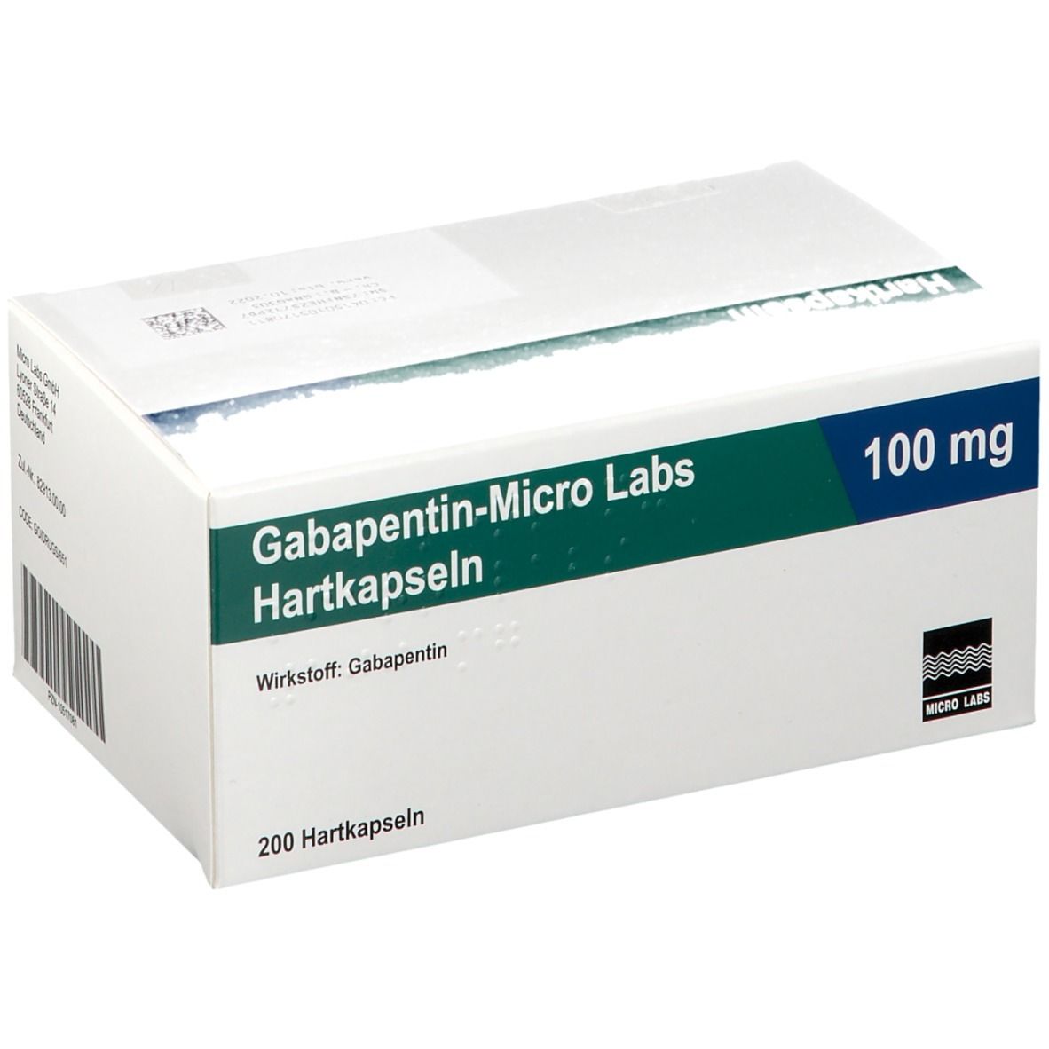 Weiße Schachtel mit grünen und blauen Akzenten. Aufschrift: Gabapentin-Micro Labs Hartkapseln 100 mg. 200 Hartkapseln.