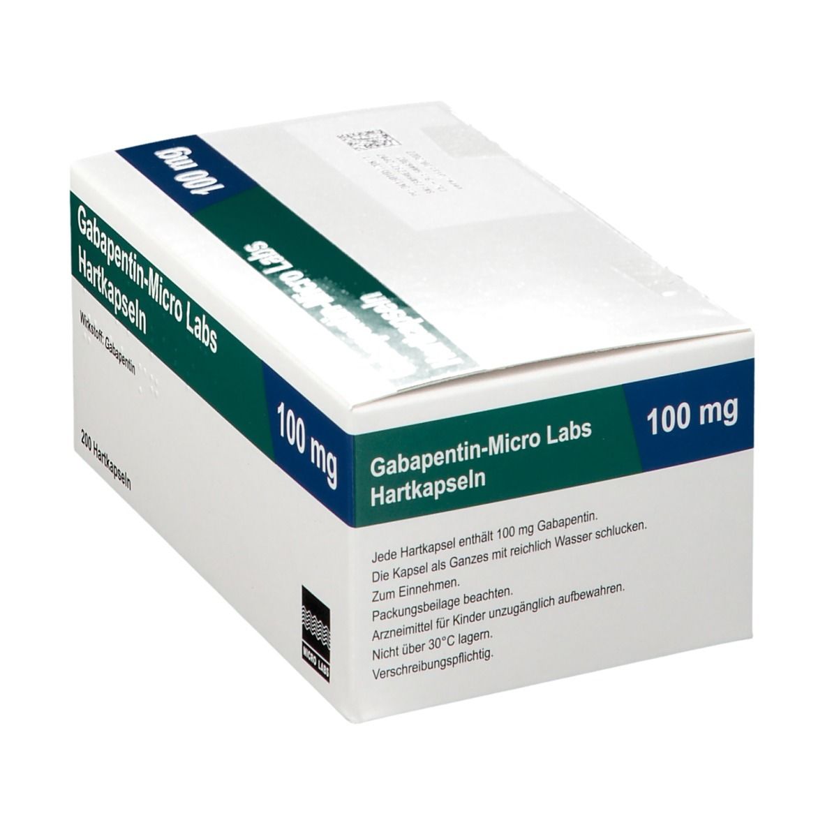 Weiße Schachtel mit grünen und blauen Akzenten. Aufschrift: Gabapentin-Micro Labs Hartkapseln 100 mg. Beipackzettel.