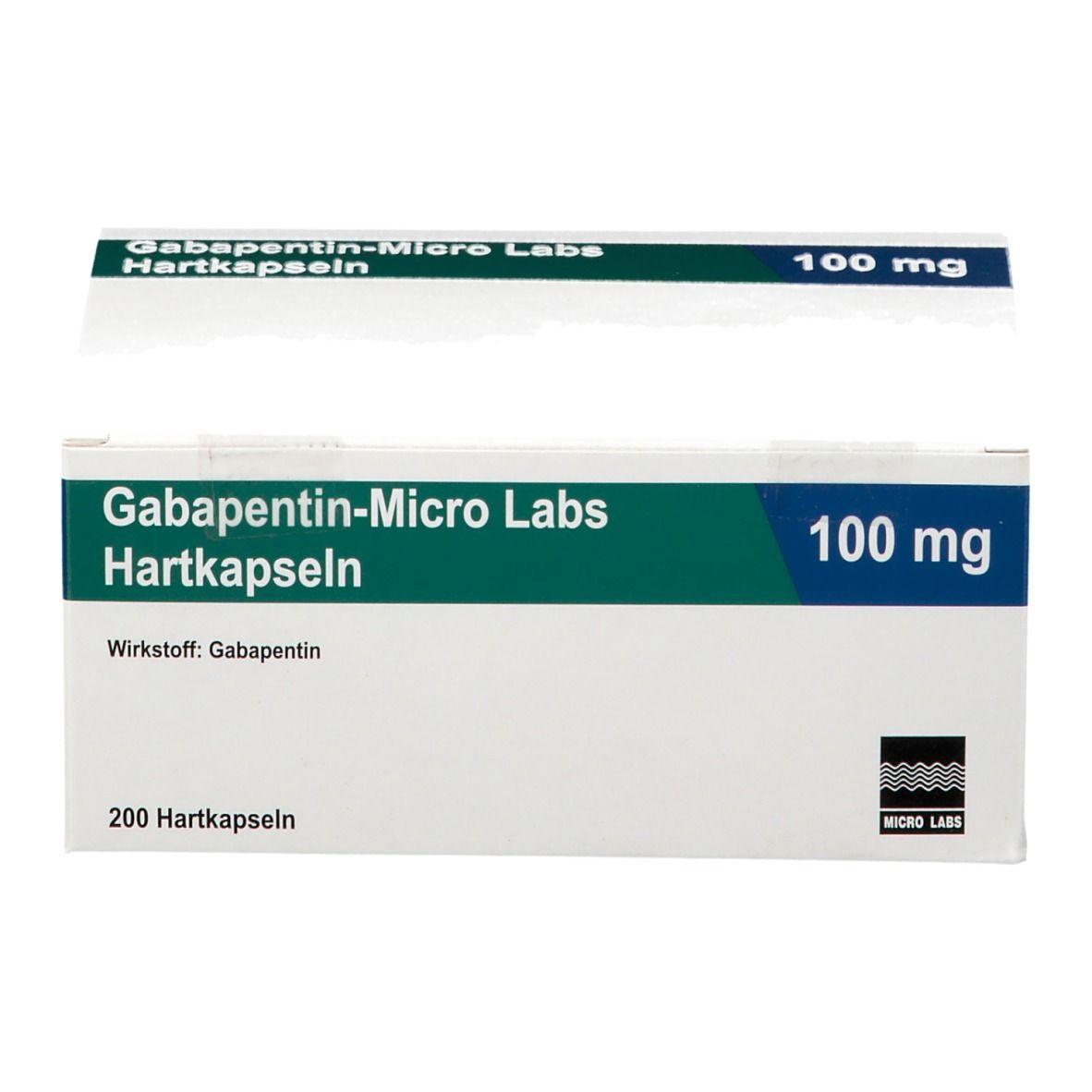 Weiße Schachtel mit grünen und blauen Akzenten. Aufschrift: Gabapentin-Micro Labs Hartkapseln 100 mg. Deckel.