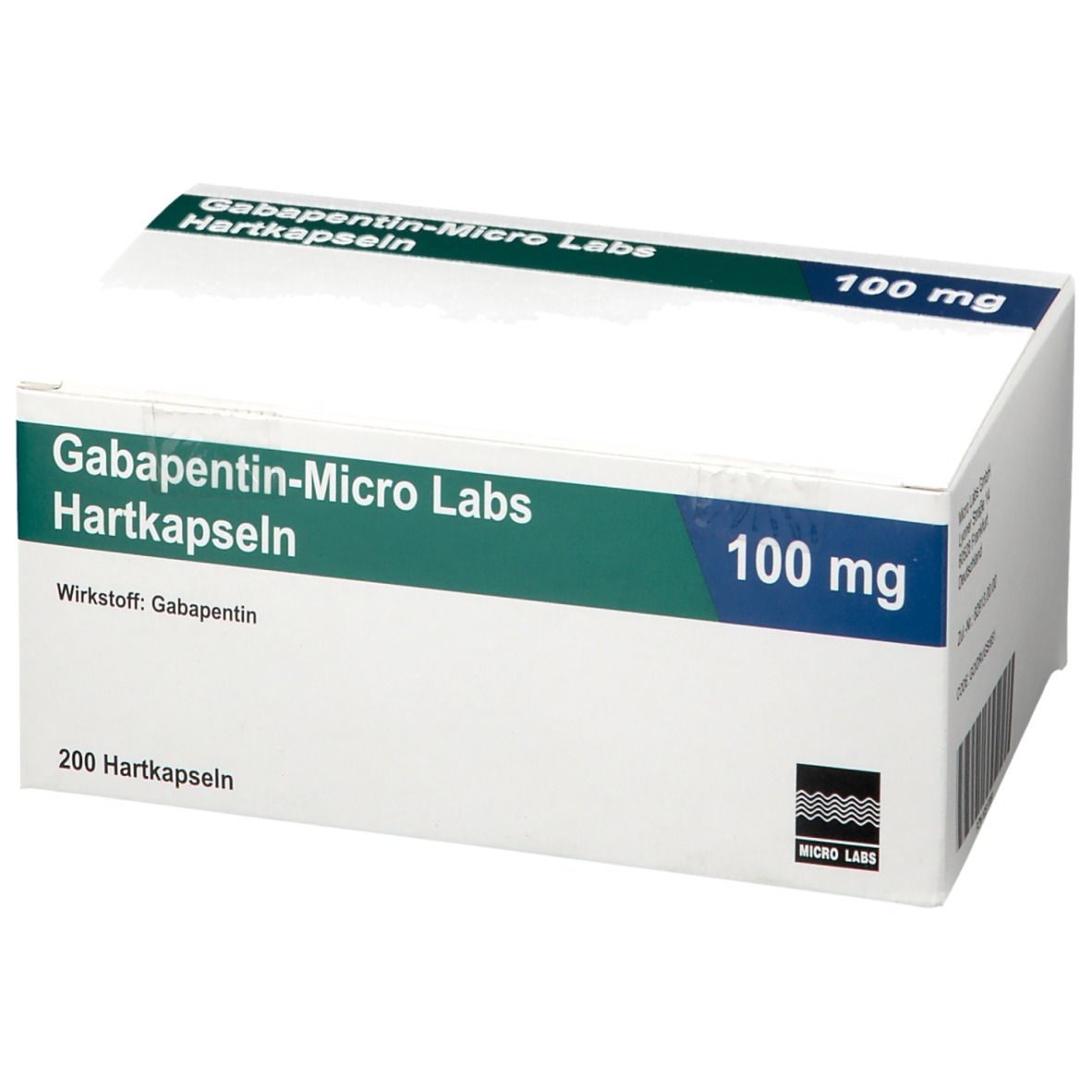 Weiße Schachtel mit grünen und blauen Akzenten. Aufschrift: Gabapentin-Micro Labs Hartkapseln 100 mg. 200 Hartkapseln.