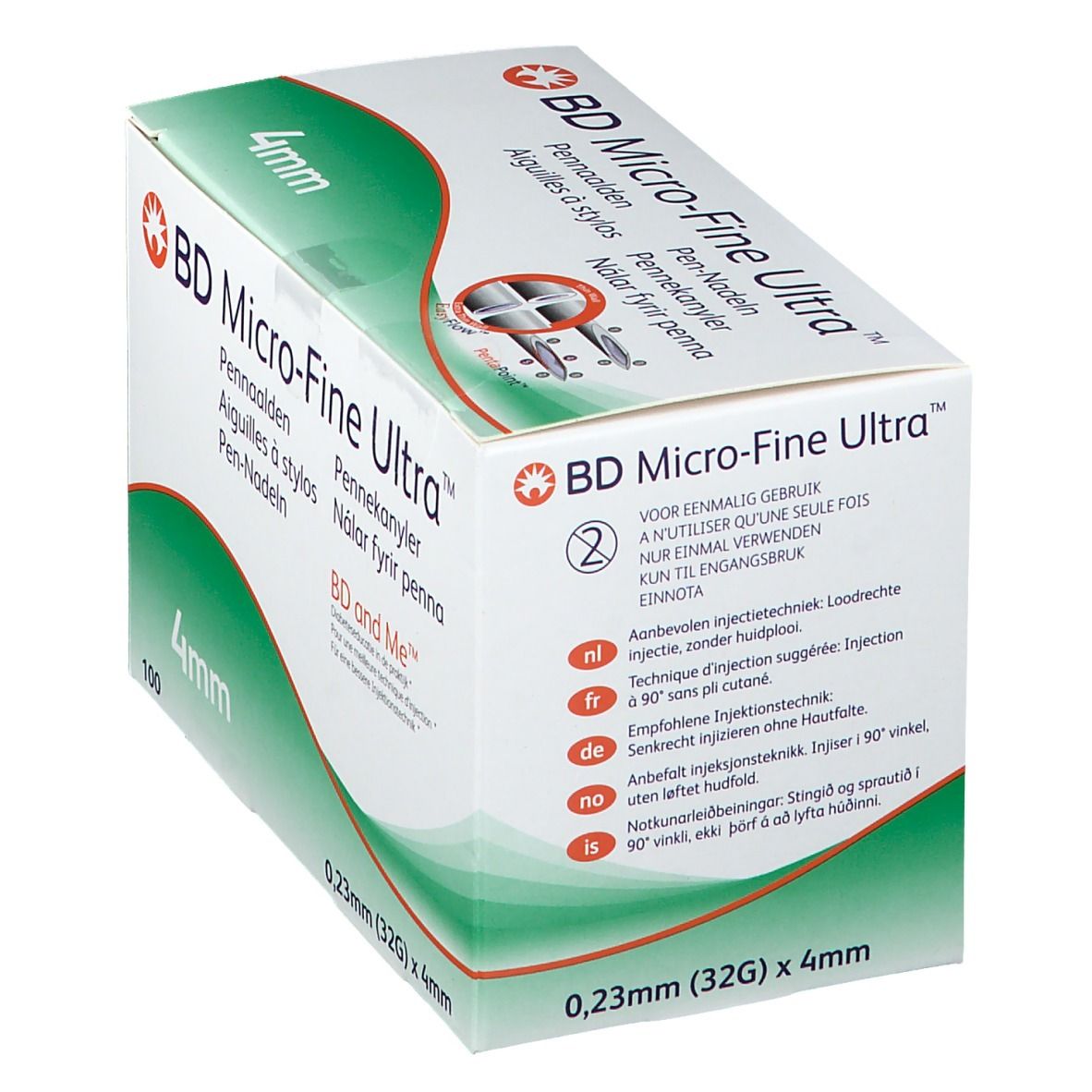 Verpackung von BD Micro-Fine Ultra Pen-Nadeln. Aufschrift: 4mm, 0,23mm (32G) x 4mm. Hinweise zur Anwendung in verschiedenen Sprachen.