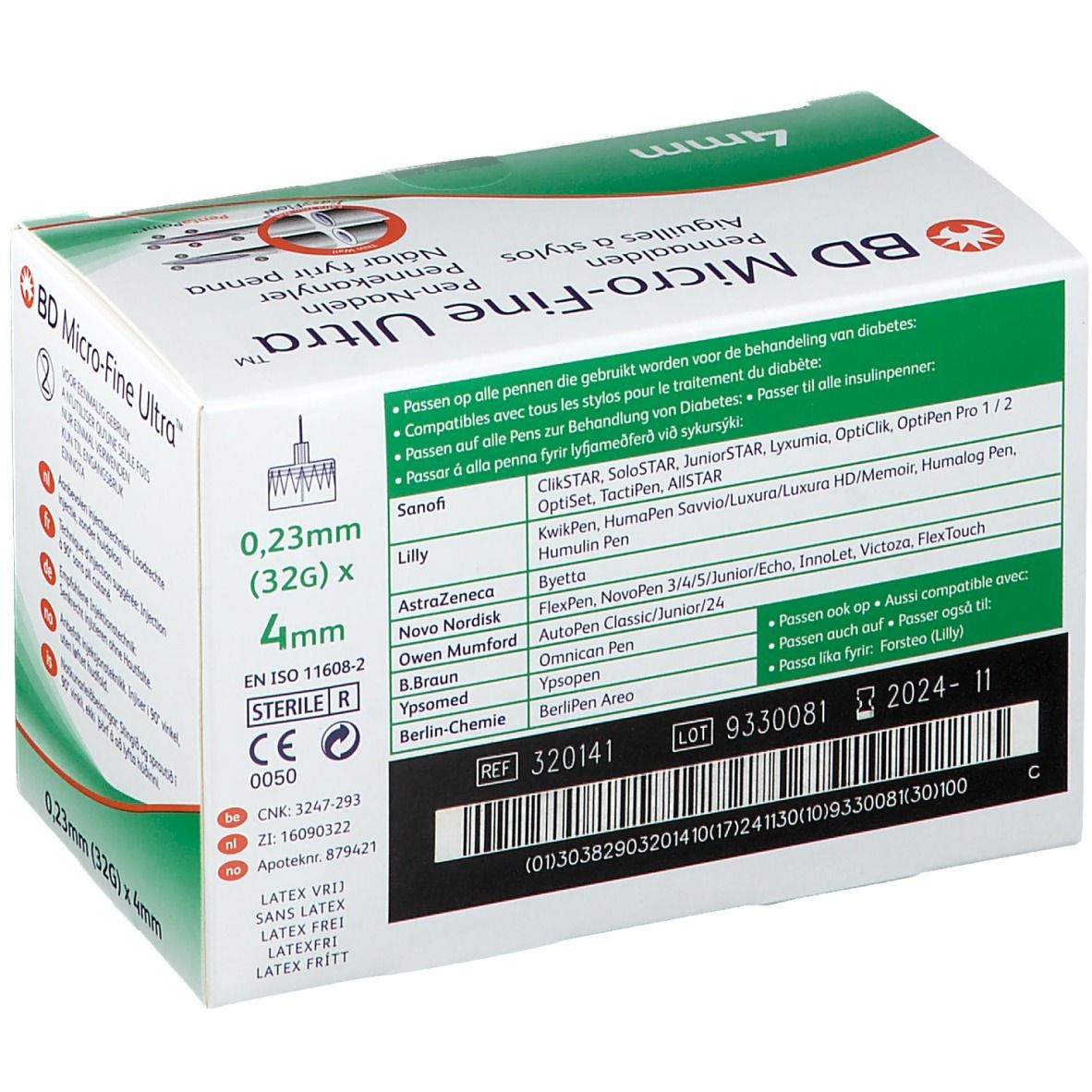 Verpackung von BD Micro-Fine Ultra Pen-Nadeln. Aufschrift: 4mm, 0,23mm (32G) x 4mm. Kompatibilitätsinformationen für verschiedene Pen-Systeme.