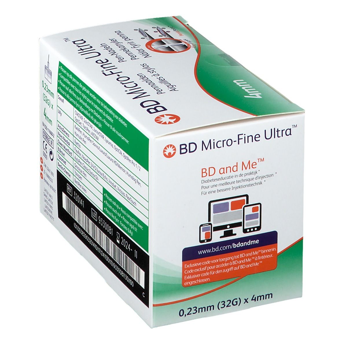 Verpackung von BD Micro-Fine Ultra Pen-Nadeln. Aufschrift: 4mm, 0,23mm (32G) x 4mm. QR-Code und Website-Adresse für weitere Informationen.