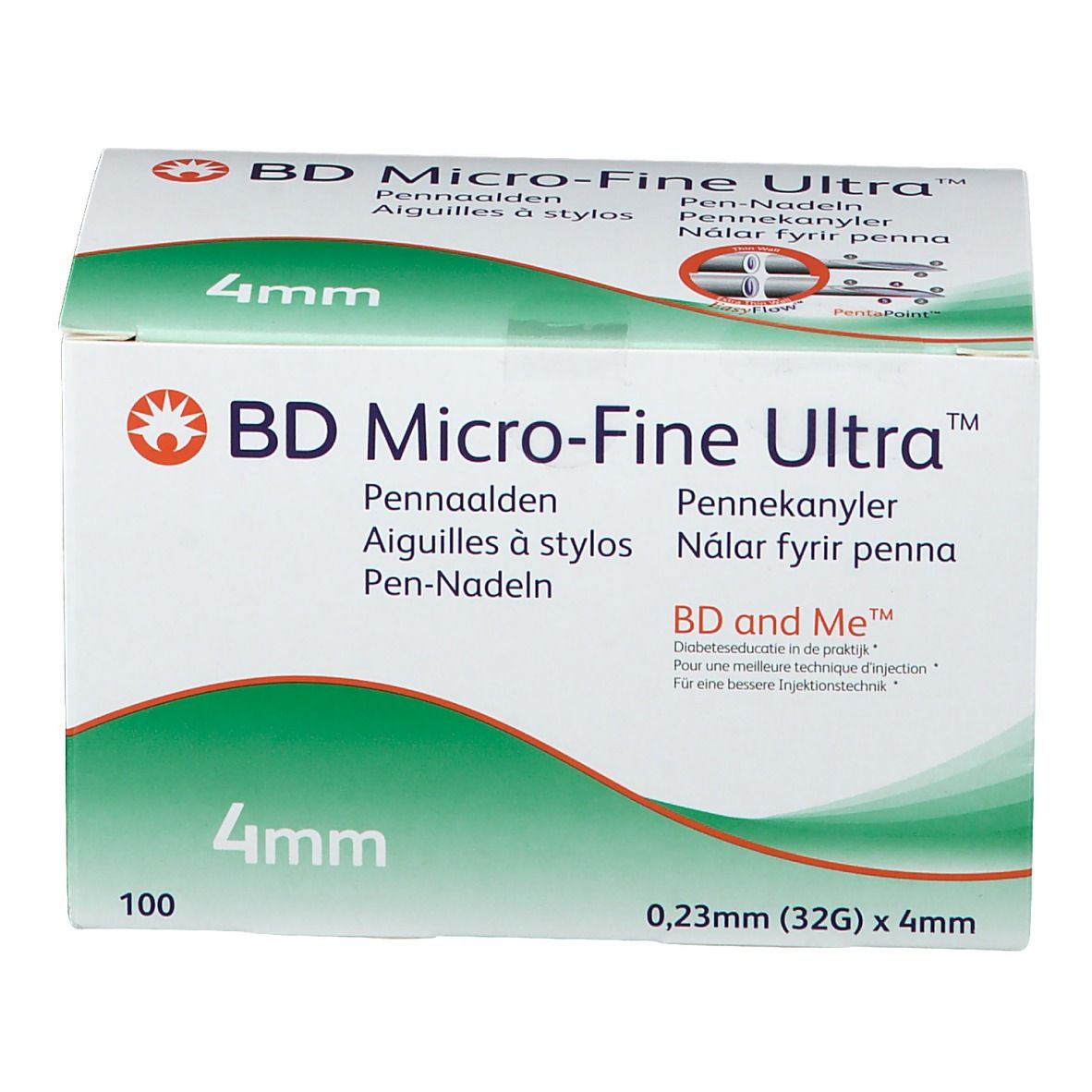 Verpackung von BD Micro-Fine Ultra Pen-Nadeln. Aufschrift: 4mm, 0,23mm (32G) x 4mm. Enthält 100 Nadeln. Marke und Produktbezeichnung deutlich sichtbar.