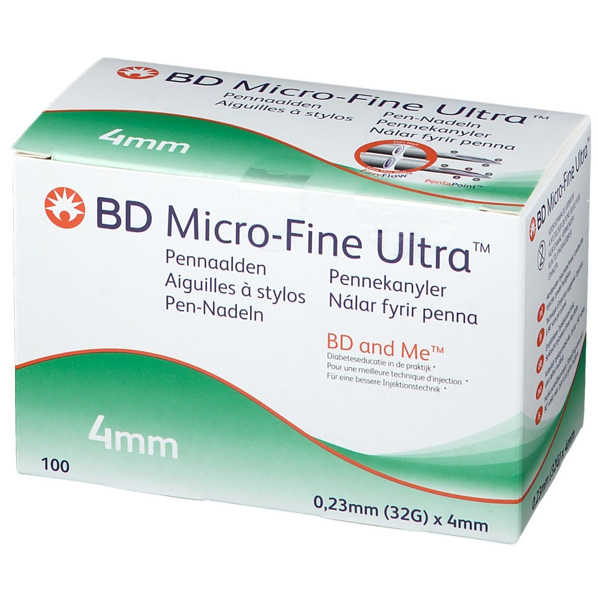 Verpackung von BD Micro-Fine Ultra Pen-Nadeln. Aufschrift: 4mm, 0,23mm (32G) x 4mm. Enthält 100 Nadeln. Marke und Produktbezeichnung deutlich sichtbar.