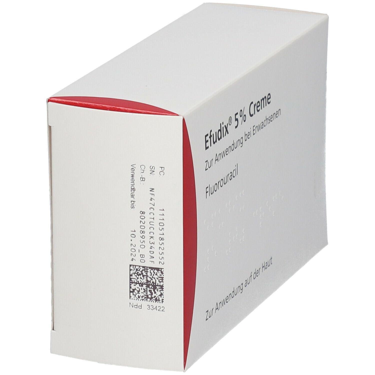 Weiße Faltschachtel mit roter Ecke. Aufdruck: Efudix 5% Creme, Fluorouracil. Barcode und Chargennummer.