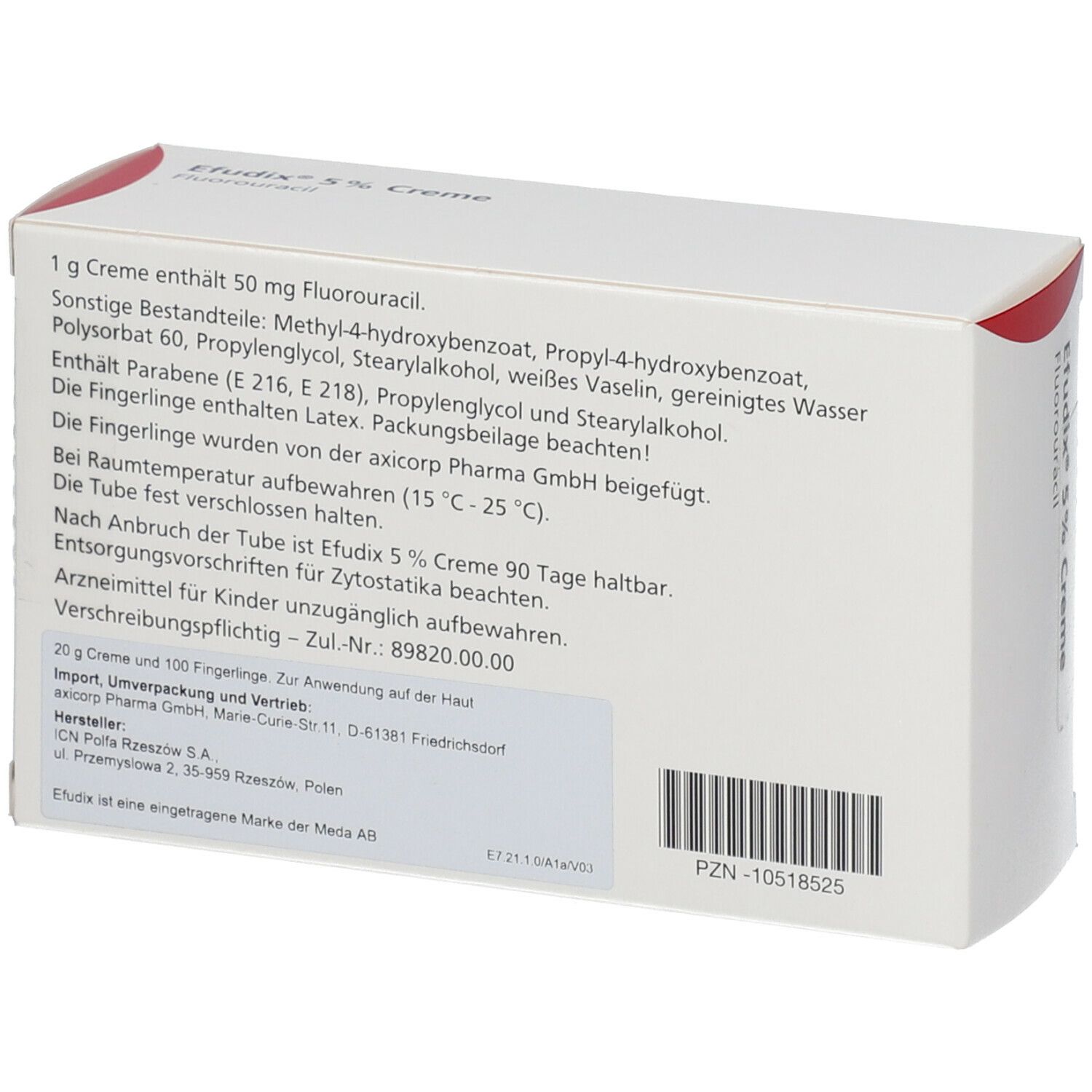 Rückseite der Faltschachtel. Text: Inhaltsstoffe, Lagerungshinweise, Hersteller, Chargennummer, PZN-Nummer.