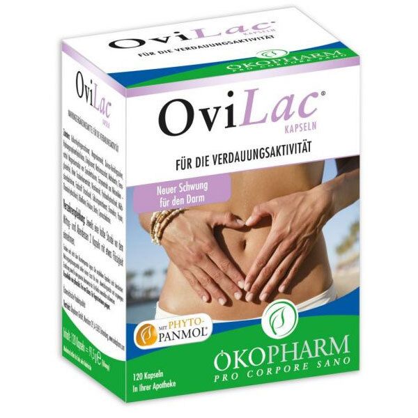 OviLac® Kapseln-Verpackung. Box mit Produktabbildung und Text. Aufdruck: "Für die Verdauungsaktivität".