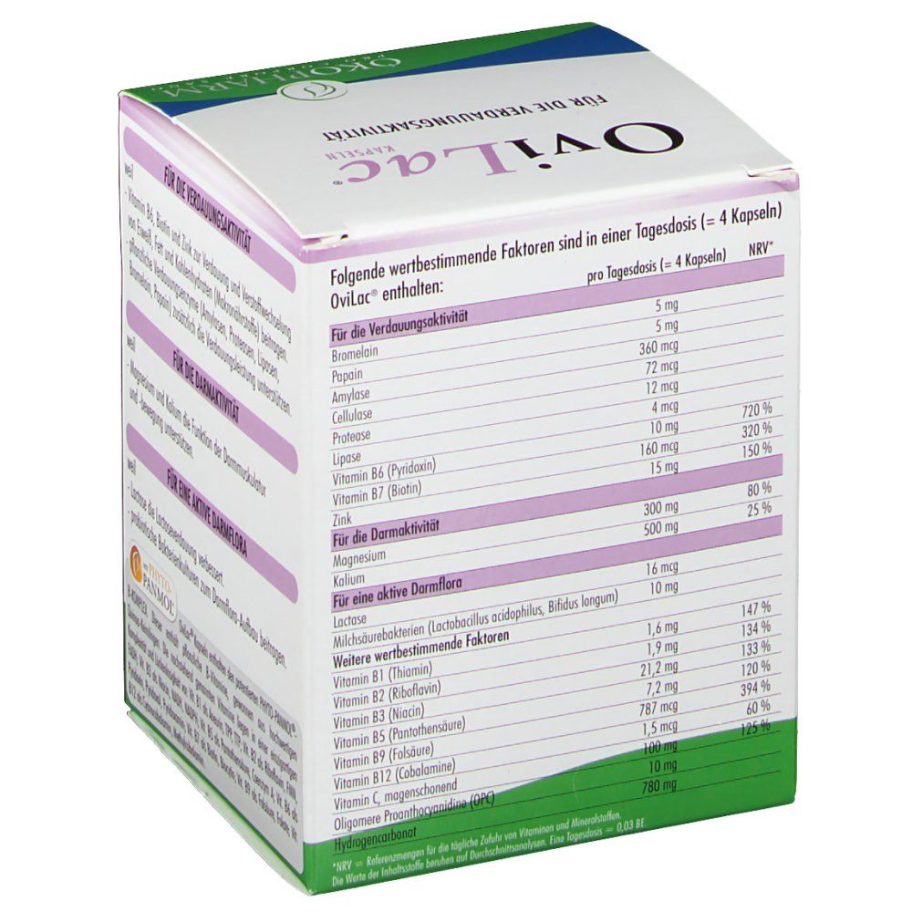 OviLac® Kapseln-Verpackung. Box mit Inhaltsangaben und Nährwerttabelle. Text: "Für die Verdauungsaktivität".