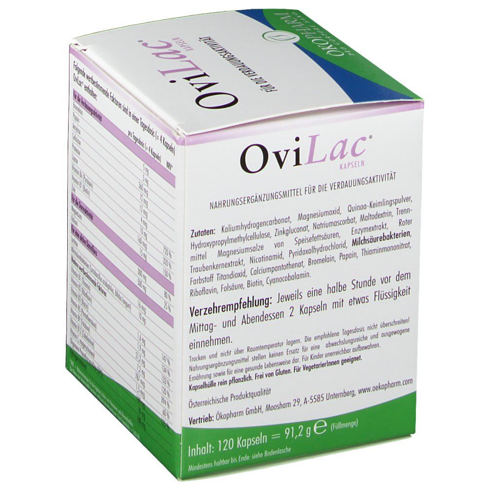 OviLac® Kapseln-Verpackung. Box mit Zutatenliste und Verzehrempfehlung. Text: "Für die Verdauungsaktivität".