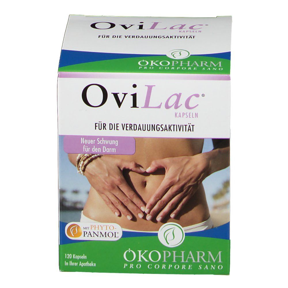 OviLac® Kapseln-Verpackung. Box mit Produktabbildung und Text. Aufdruck: "Für die Verdauungsaktivität".
