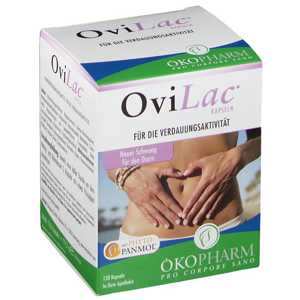 OviLac® Kapseln-Verpackung. Box mit Produktabbildung und Text. Aufdruck: "Für die Verdauungsaktivität".