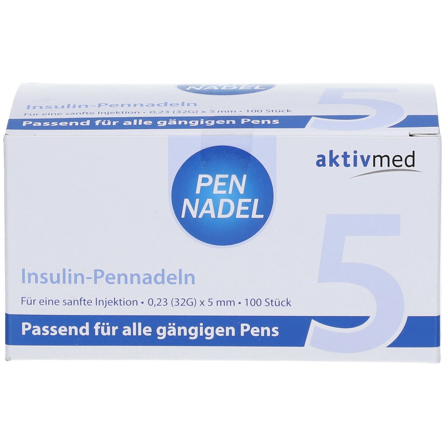 Weißer Karton mit blauer Aufschrift PEN NADEL und aktivmed Logo. Enthält Insulin-Pennadeln. Große 5 auf der Seite.