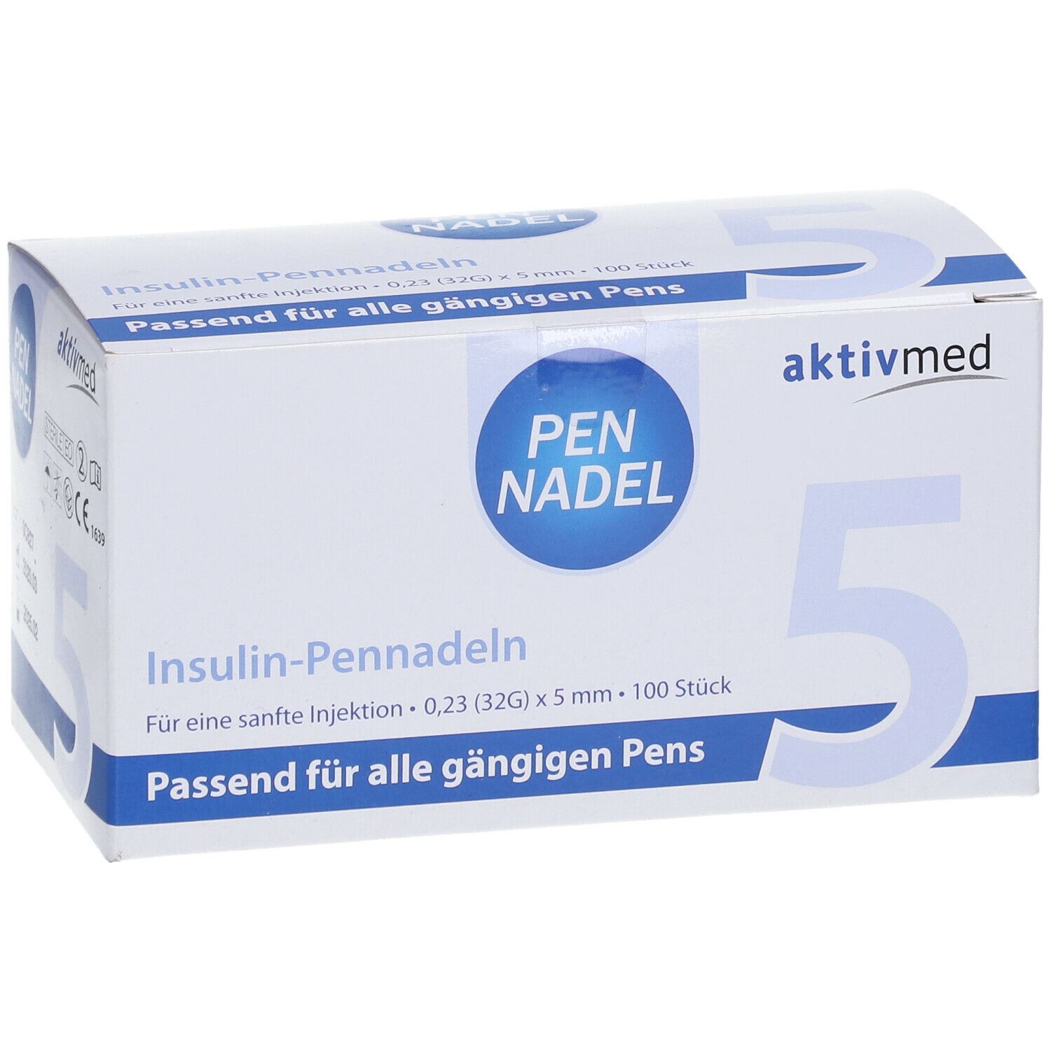 Weißer Karton mit blauer Aufschrift PEN NADEL und aktivmed Logo. Enthält Insulin-Pennadeln. Große 5 auf der Seite.
