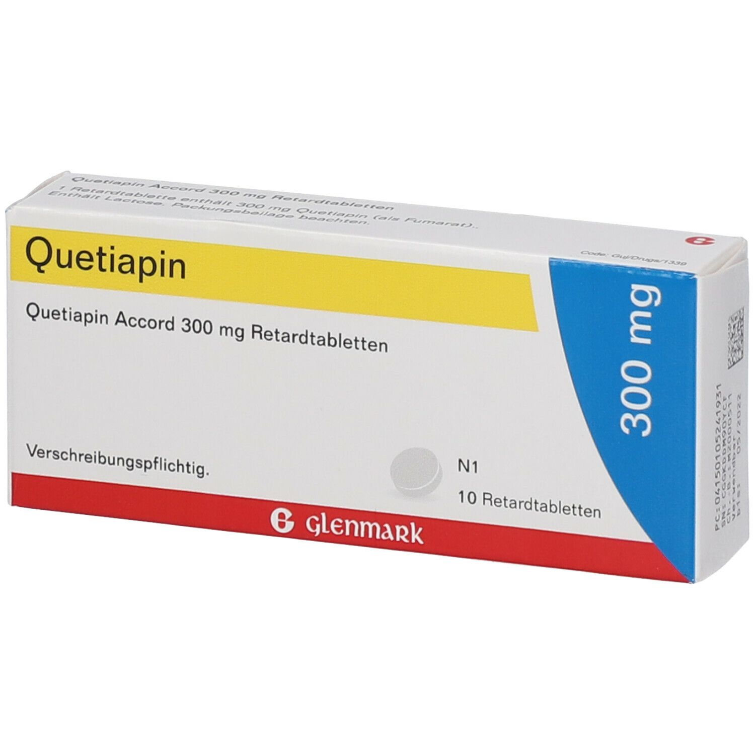 Quetiapin Accord 300 mg Packung. Weiße Schachtel mit gelben und blauen Akzenten. 10 Retardtabletten.