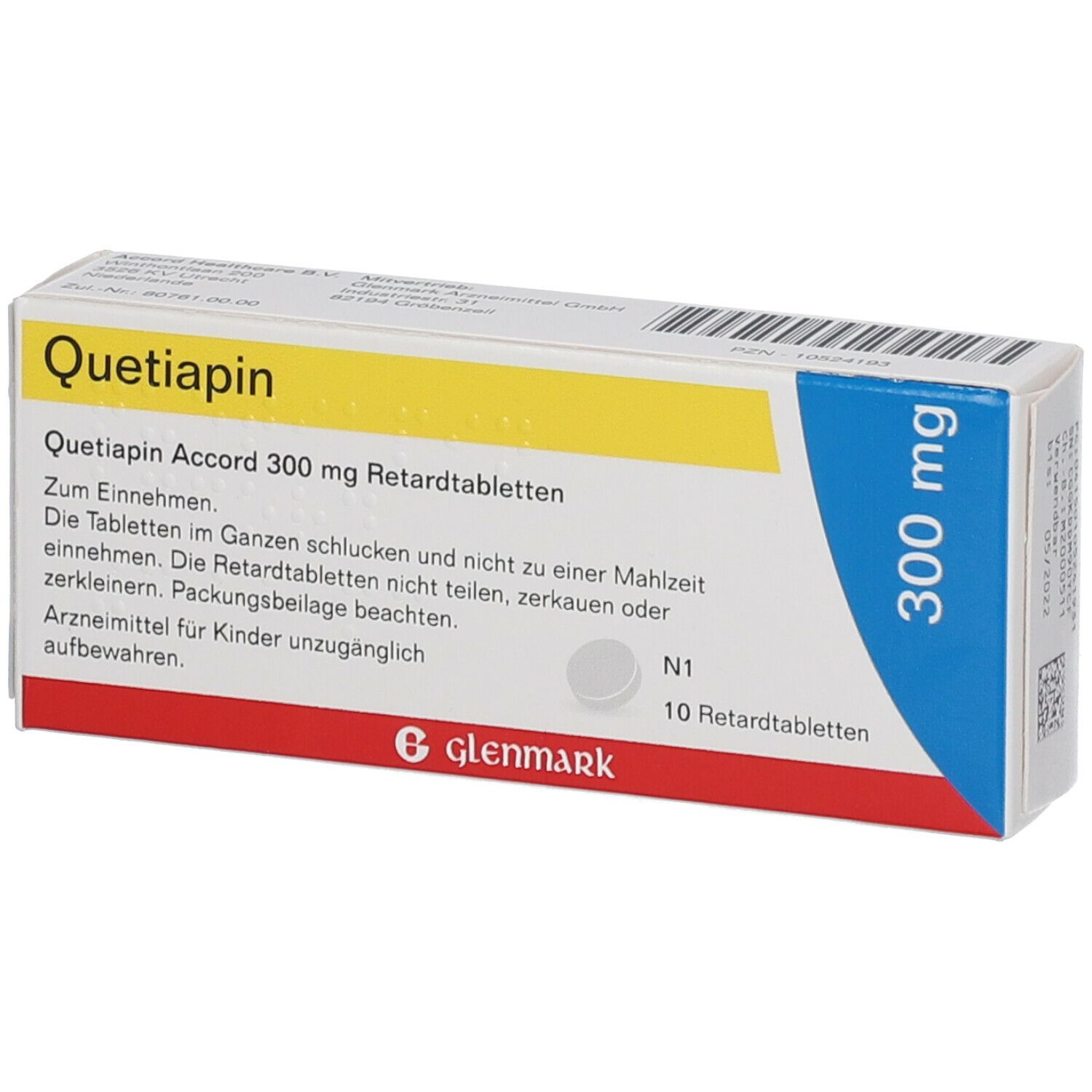 Quetiapin Accord 300 mg Packung. Weiße Schachtel mit gelben und blauen Akzenten. Text und Logo.