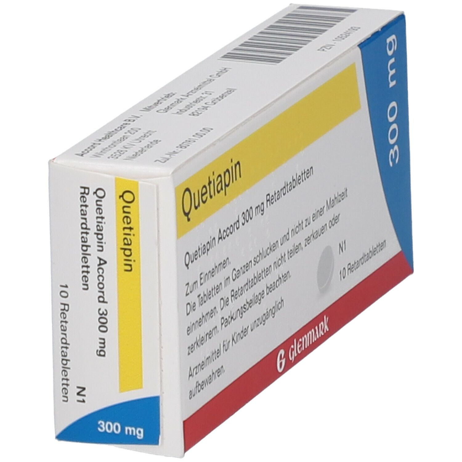 Quetiapin Accord 300 mg Packung, schräg. Weiße Schachtel mit gelben und blauen Akzenten. Text und Logo.