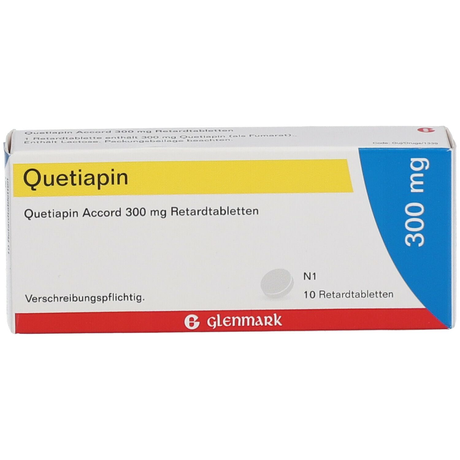 Quetiapin Accord 300 mg Packung. Weiße Schachtel mit gelben und blauen Akzenten. 10 Retardtabletten.
