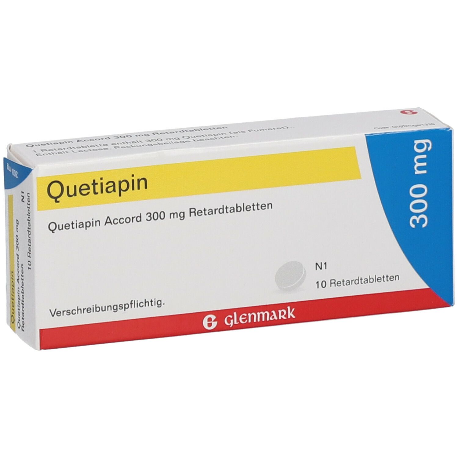Quetiapin Accord 300 mg Packung. Weiße Schachtel mit gelben und blauen Akzenten. 10 Retardtabletten.