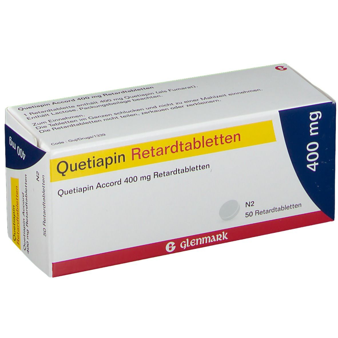 Schachtel mit Quetiapin Accord 400 mg Retardtabletten. Aufschrift: 400 mg, Glenmark. N2, 50 Retardtabletten.