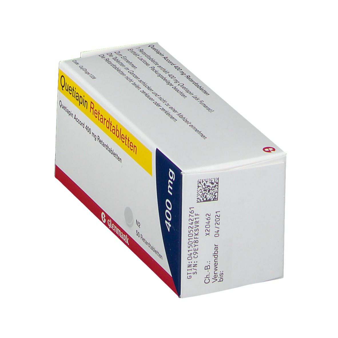 Schachtel Quetiapin Accord 400 mg Retardtabletten. Aufschrift: 400 mg, Glenmark. Enthält 50 Tabletten. Verwendbar bis 04/2021.
