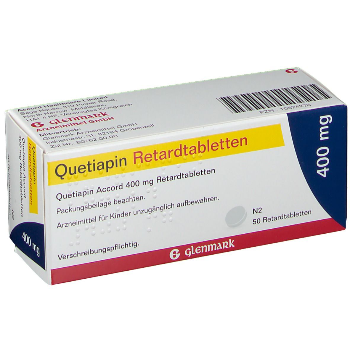 Schachtel mit Quetiapin Accord 400 mg Retardtabletten. Aufschrift: 400 mg, Glenmark. N2, 50 Retardtabletten. Packungsbeilage beachten.