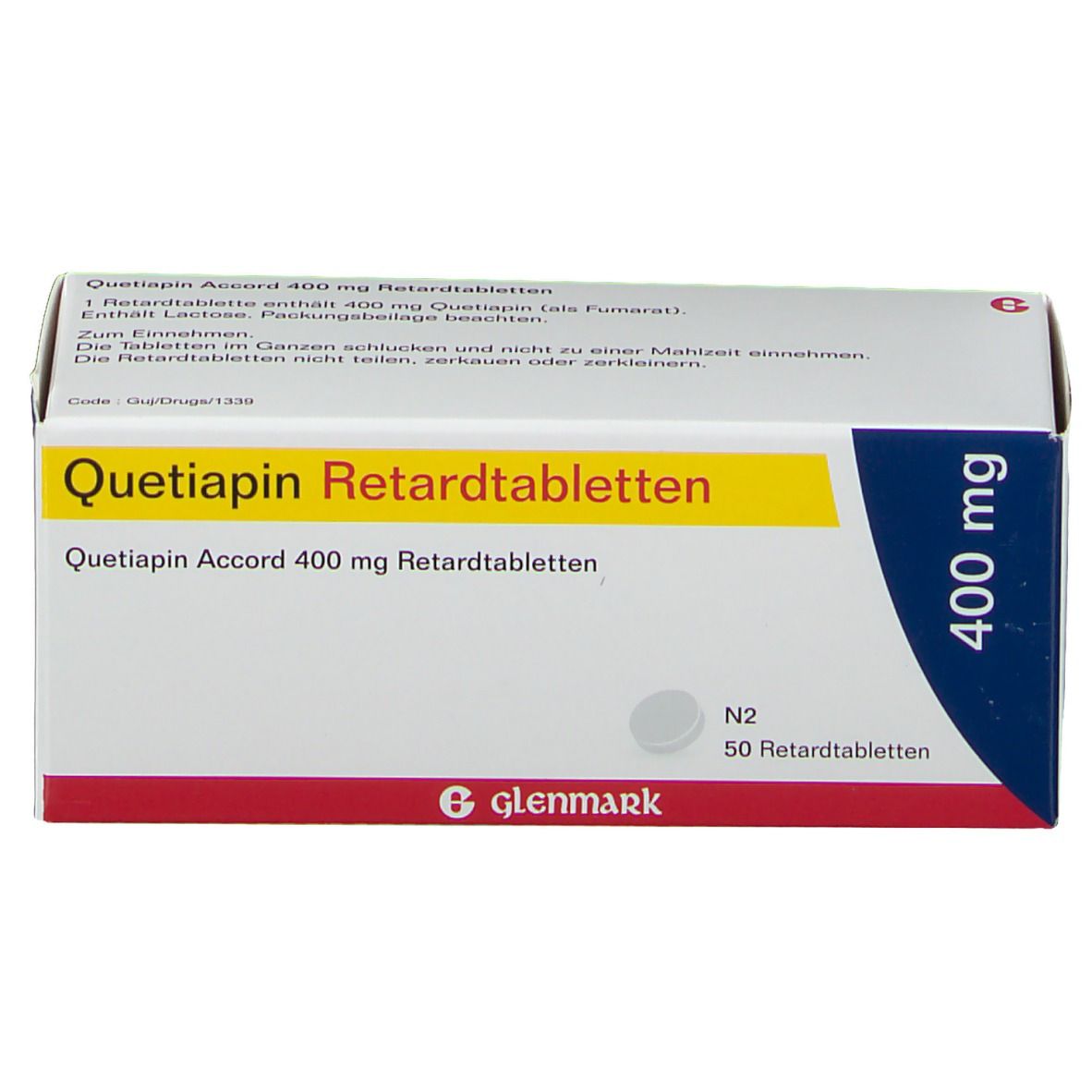 Schachtel mit Quetiapin Accord 400 mg Retardtabletten. Aufschrift: 400 mg, Glenmark. N2, 50 Retardtabletten. Packungsbeilage beachten.