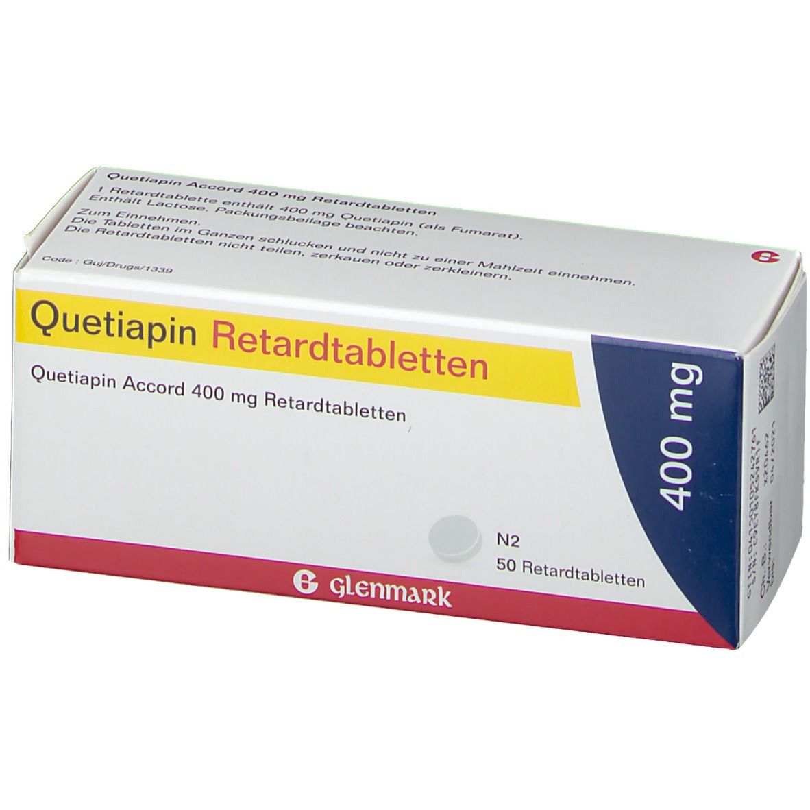 Schachtel mit Quetiapin Accord 400 mg Retardtabletten. Aufschrift: 400 mg, Glenmark. N2, 50 Retardtabletten. Packungsbeilage beachten.