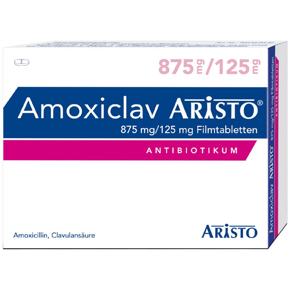 Schachtel mit Amoxiclav Aristo 875 mg/125 mg. Blaue, rosa und weiße Beschriftung. Antibioticum.