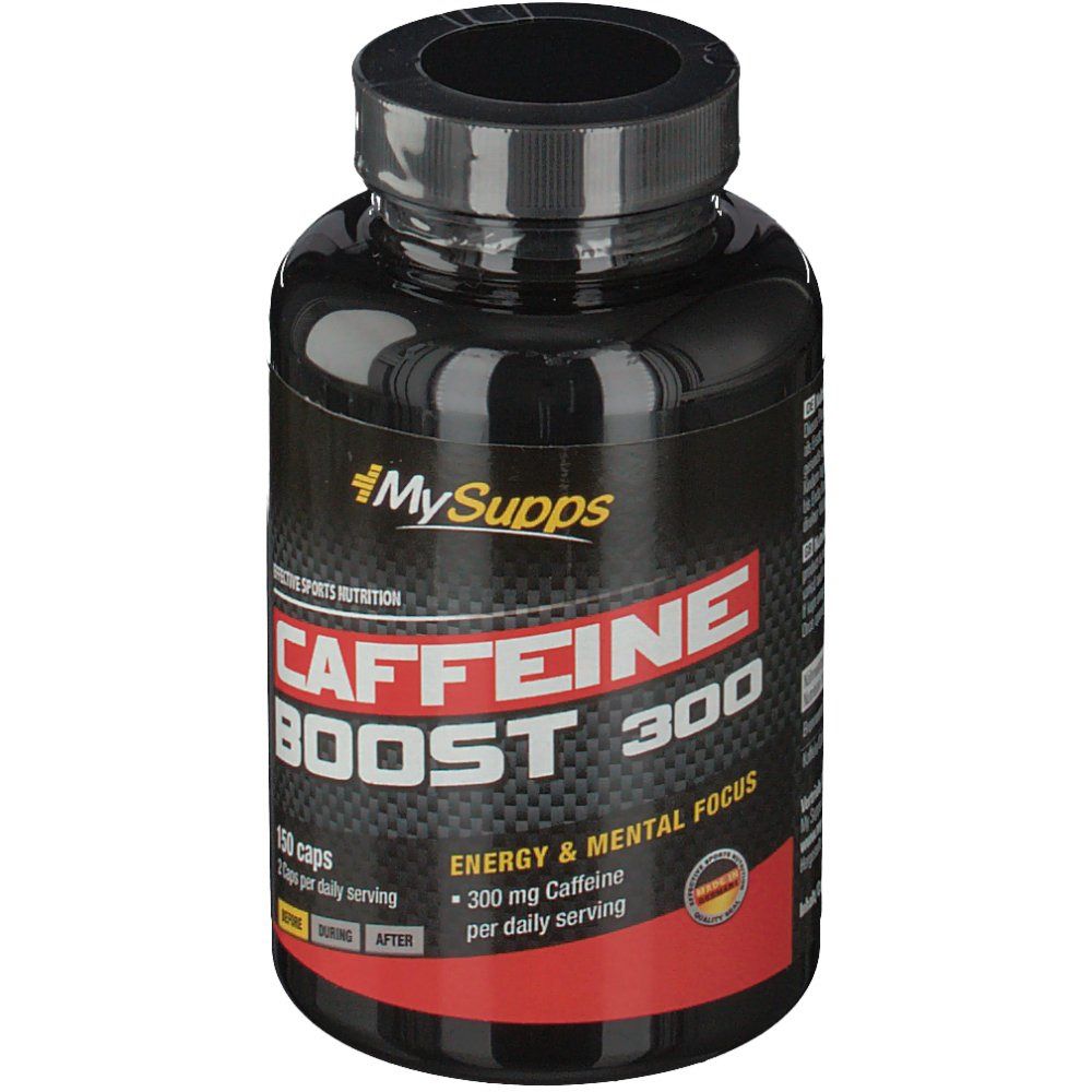 Schwarze Flasche mit "MySupps Caffeine Boost 300". Enthält 150 Kapseln. Aufschrift: "Energy & Mental Focus".
