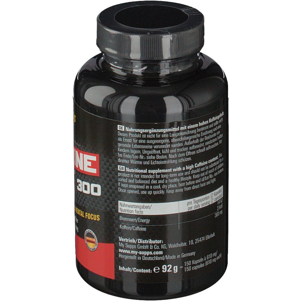 Rückseite der schwarzen Flasche "MySupps Caffeine Boost 300". Enthält Informationen zu Inhaltsstoffen und Nährwerten.
