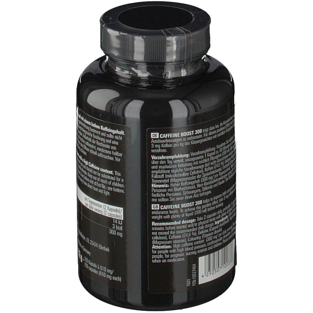 Schwarze Flasche "MySupps Caffeine Boost 300". Zeigt Informationen zur Dosierung und Warnhinweise.