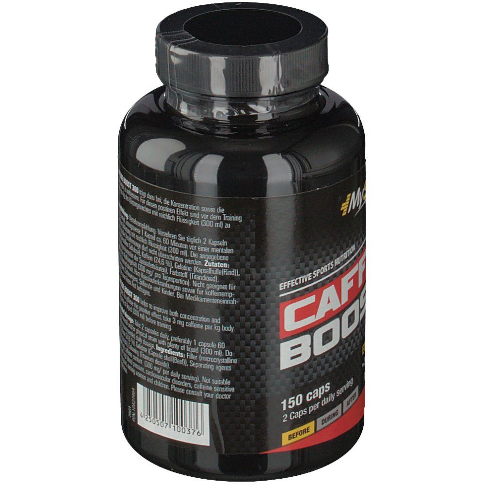 Rückseite der schwarzen Flasche "MySupps Caffeine Boost 300". Zeigt Informationen zur Dosierung und Inhaltsstoffe.