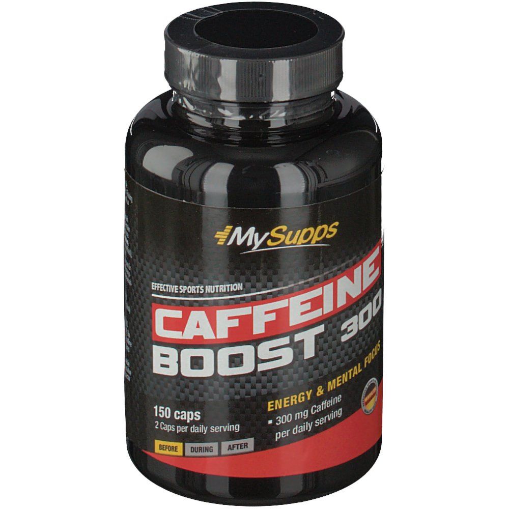Schwarze Flasche "MySupps Caffeine Boost 300". Enthält 150 Kapseln. Aufschrift: "Energy & Mental Focus".