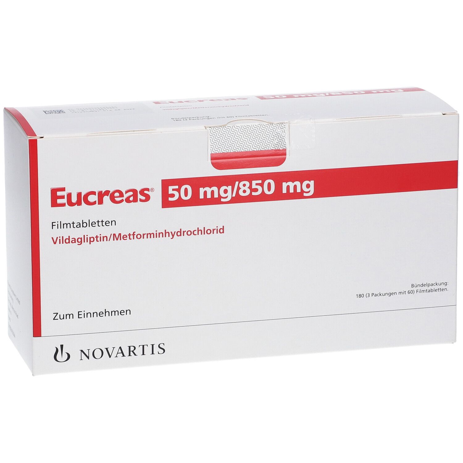 Weiße Schachtel mit roter Schrift. Eucreas 50 mg/850 mg, Vildagliptin/Metforminhydrochlorid. Novartis Logo.