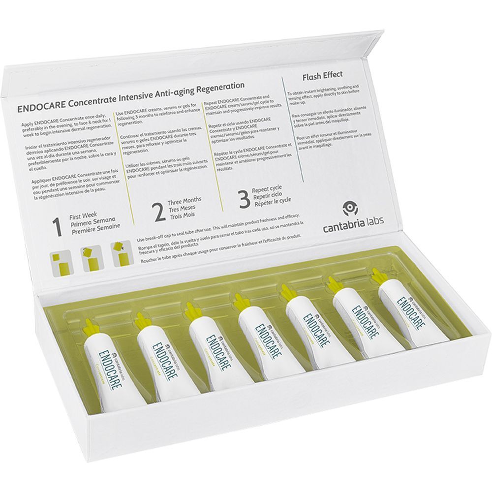 Geöffnete Schachtel mit 6 Ampullen. Aufdruck: Endocare. Gebrauchsanweisung. Logo Cantabria Labs.